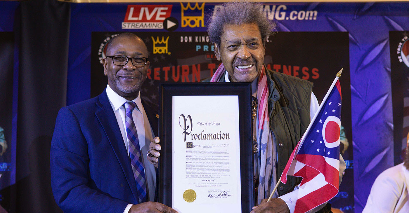 Warren Mayor Doug Franklin presents proclamation to famed boxing promoter Don King on January 22nd at The Grand Resort in Warren, Ohio.