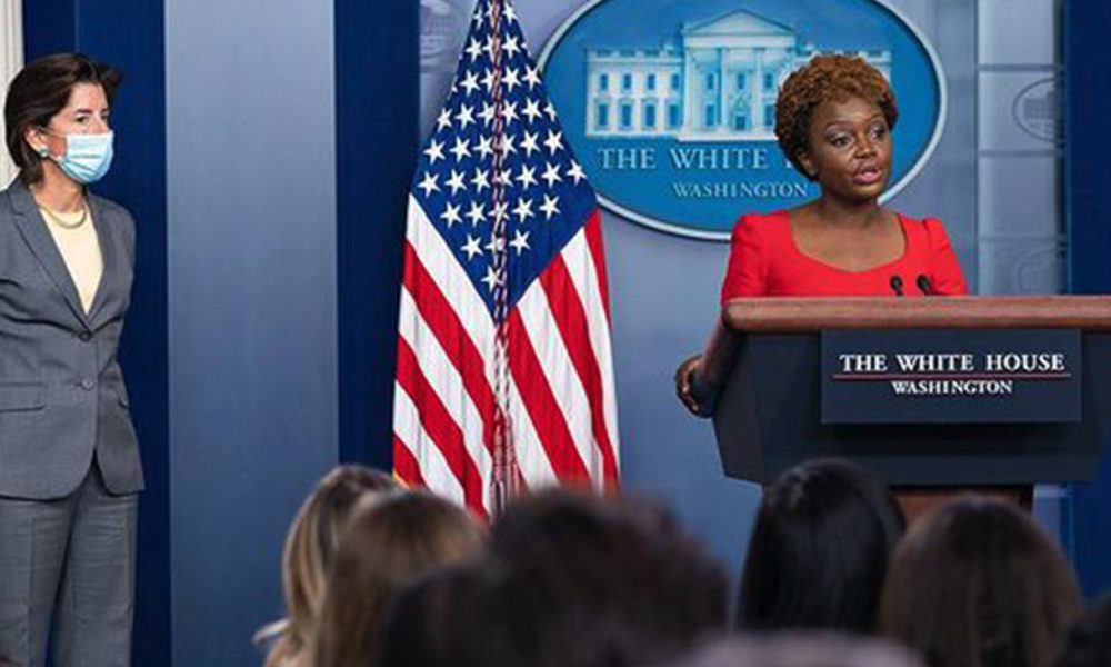 “The single-most thing that inspires me about the administration, one of the things I can say about this President and Vice President, is decency,” said White House Principal Deputy Press Secretary Karine Jean-Pierre. (Photo: Cabinet Secretaries Gina Raimondo and Pete Buttigieg visited the White House to join then Principal Deputy Press Secretary Karine Jean-Pierre for a press briefing to discuss @POTUS's Bipartisan Infrastructure Deal – a historic investment in our nation’s infrastructure.)
