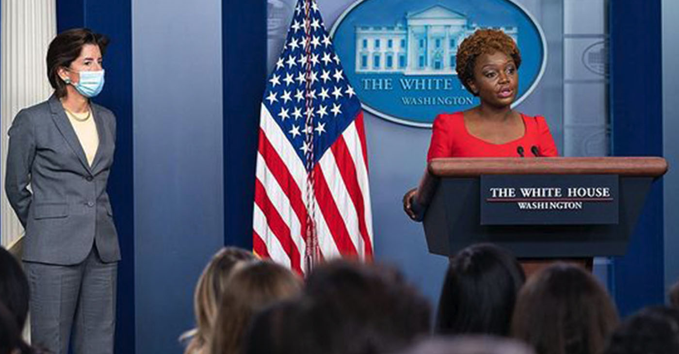 “The single-most thing that inspires me about the administration, one of the things I can say about this President and Vice President, is decency,” said White House Principal Deputy Press Secretary Karine Jean-Pierre. (Photo: Cabinet Secretaries Gina Raimondo and Pete Buttigieg visited the White House to join then Principal Deputy Press Secretary Karine Jean-Pierre for a press briefing to discuss @POTUS's Bipartisan Infrastructure Deal – a historic investment in our nation’s infrastructure.)