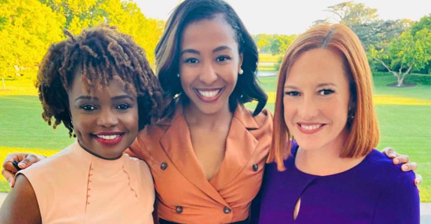 (Pictured left to right): Karine Jean-Pierre, the nation’s first Black press secretary, Erica Loewe, director of African American media and outgoing press secretary Jen Psaki.