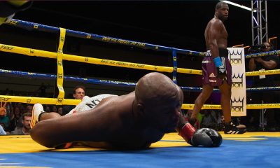 NIGHTMARE—Former WBA heavyweight champion Trevor ‘The Dream’ Bryan lay face down, flat on the canvas after Britain’s Daniel ‘Dyamite’ Dubois delivered a detonating left hook ending his brief title reign with a fourth round knockout on June 11 at Casino Miami as the main event of Don King’s ‘The Fight for Freedom and Peace’ in honor of Ukraine. (Don King Productions Photo)