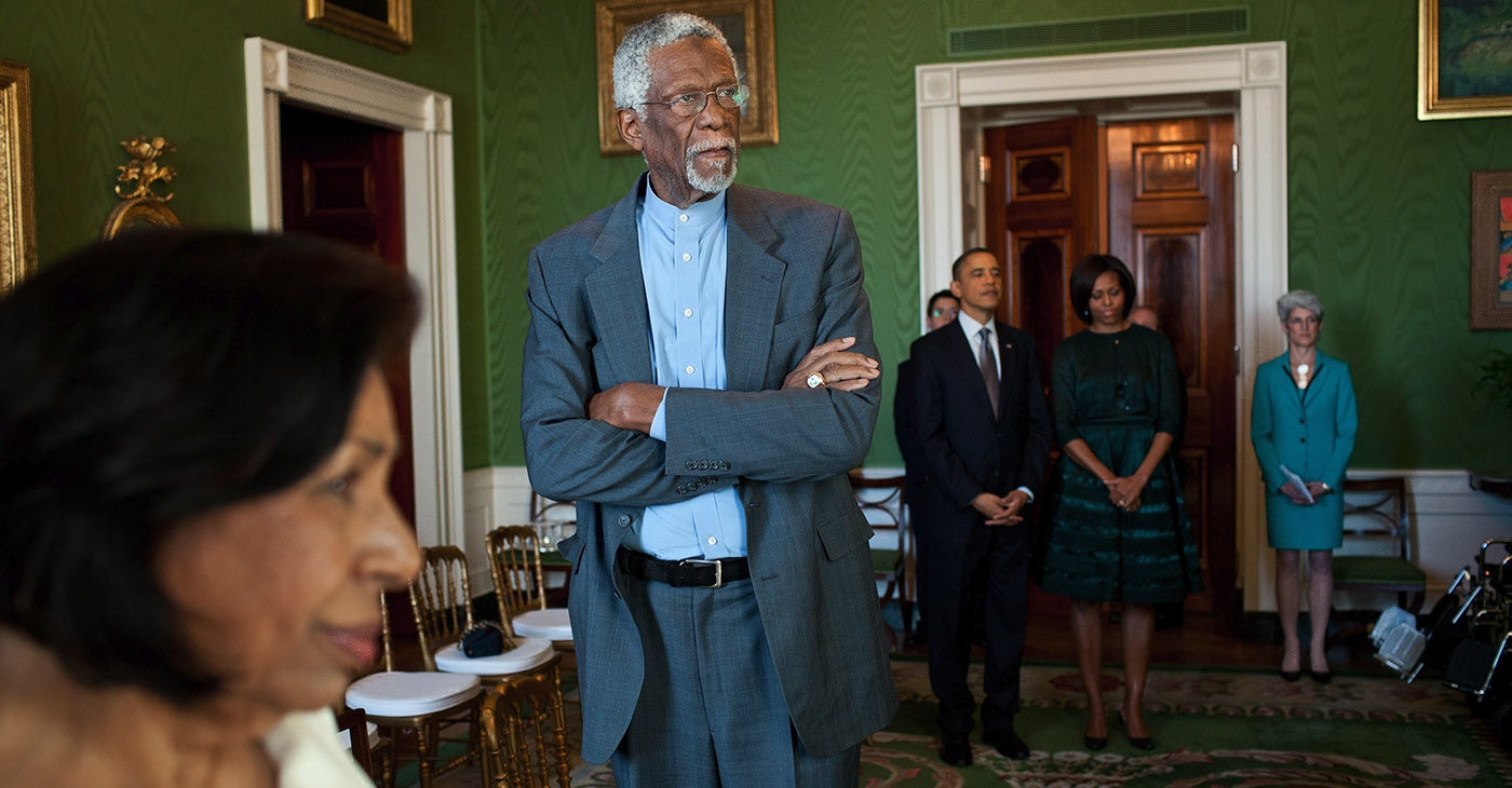 President Barack Obama and First Lady Michelle Obama wait in the Green Room of the White House with Sylvia Mendez and Bill Russell as recipients of the 2010 Presidential Medal of Freedom are introduced in the East Room, Feb. 15, 2011.