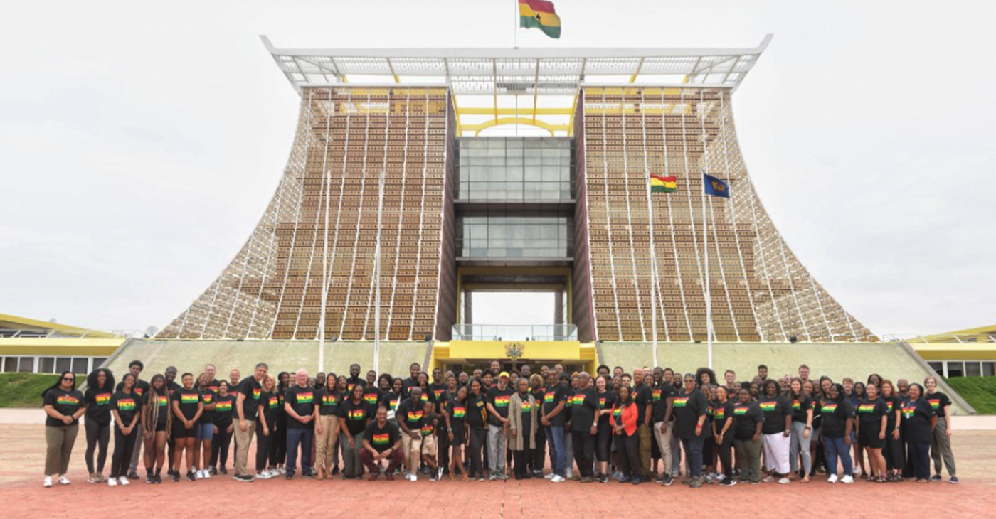 Students with the Amos C. Brown Fellowship to Ghana visit the Jubilee House in Accra on Aug. 2, 2022.