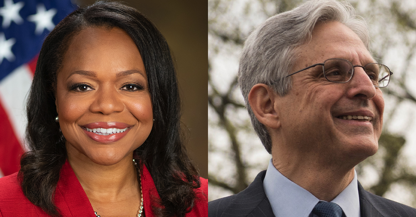 Pictured: Assistant Attorney General for the Civil Rights Division Kristen Clarke and U.S. Attorney General Merrick Garland.