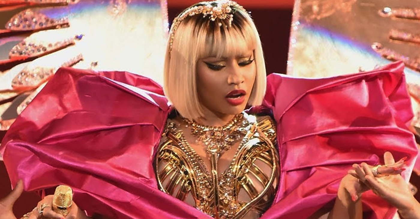 Rapper Nicki Minaj performs an unstoppable medley of "Majesty," "Barbie Dreams," "Ganja Burn," and "FeFe" at the 2018 Video Music Awards in New York City. (Photo: MTV International)
