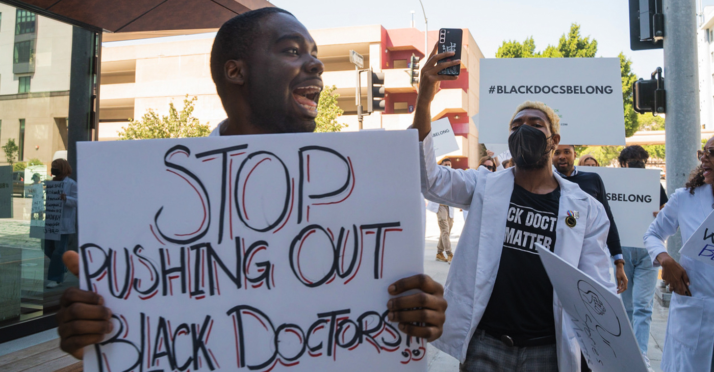 Robert Rock traveled from the east coast to support the BlackDocsBelong rally. Rock is an award-winning physician who has worked as an advocate for equality for doctors and patients of color. Pasadena, California, Friday Aug. 26, 2022 (by Solomon O. Smith)