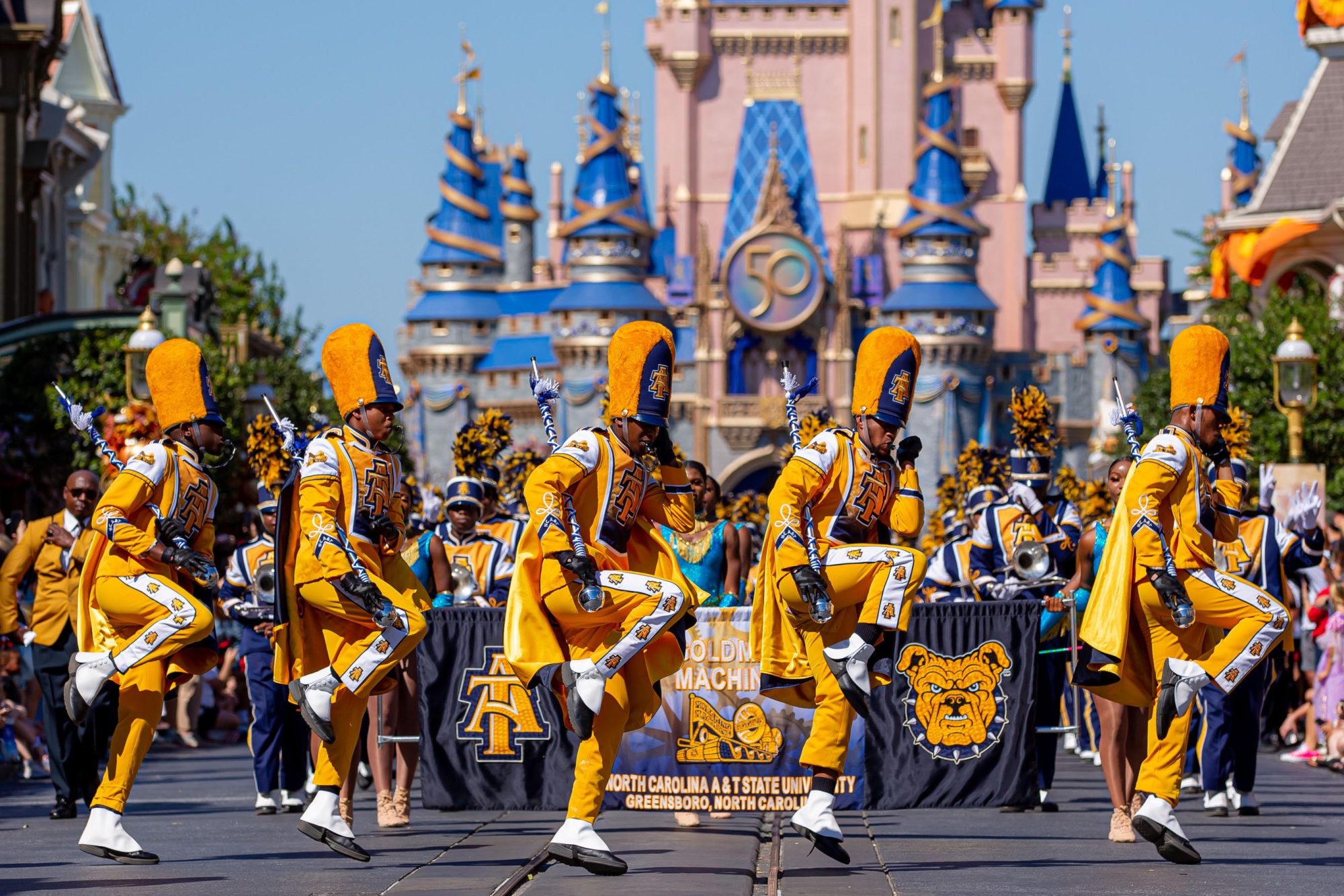 Winston-Salem State, North Carolina A&T State, Alcorn State and Delaware State marching bands served as honorary grand marshals, October 8, 2022, in two parades during HBCU Week at Magic Kingdom Park at Walt Disney World Resort in Lake Buena Vista, Fla. They thrilled guests as they traveled down Main Street, U.S.A., led by none other than Drum Major Mickey Mouse, who showed off his own show-stopping moves in his signature marching band uniform. (Courtney Kiefer, photographer).