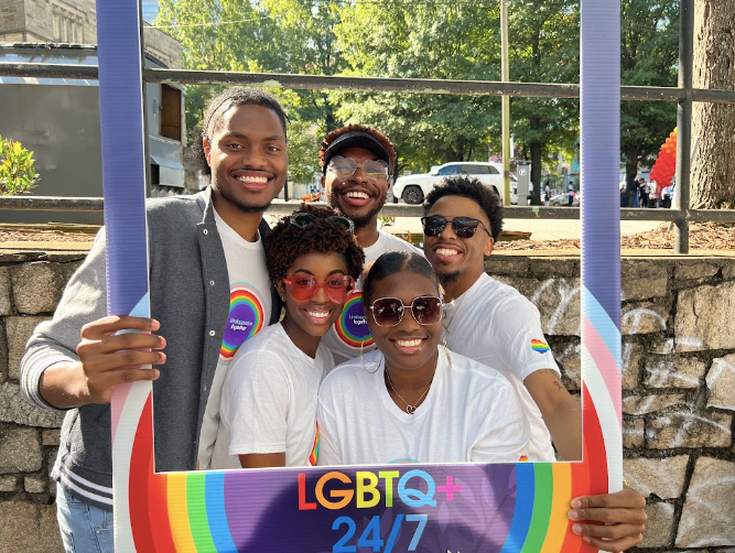 Patton (far left) and friends take a photo, “Pride has been and always will be incredibly important to me and others,” he said. Photo by Isaiah Singleton/The Atlanta Voice.
