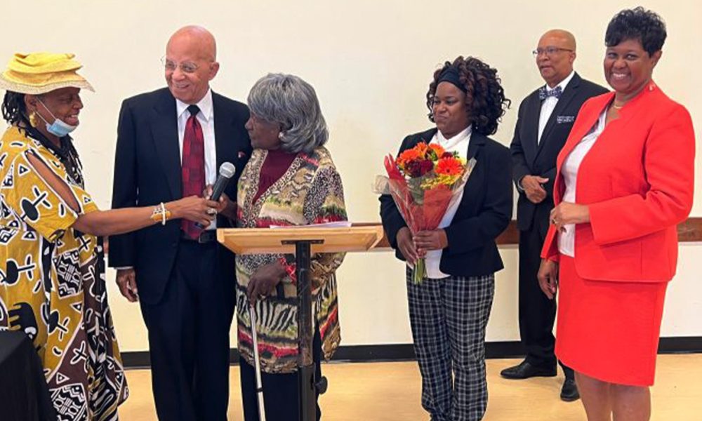 ANSC presents a floral bouquet salute to longtime, dedicated member Mrs. Beulah Toney of Huntsville, Madison County, AL.  Shown L to R:  Attorney Faya Rose Toure, Richard Arrington, Former Mayor of Birmingham, Mrs. Toney, Sylvia Fitts, Mrs. Toney’s daughter, Attorney Everett Wess, ANSC 1st Vice- President and Mrs. Debra Foster, ANSC State President.