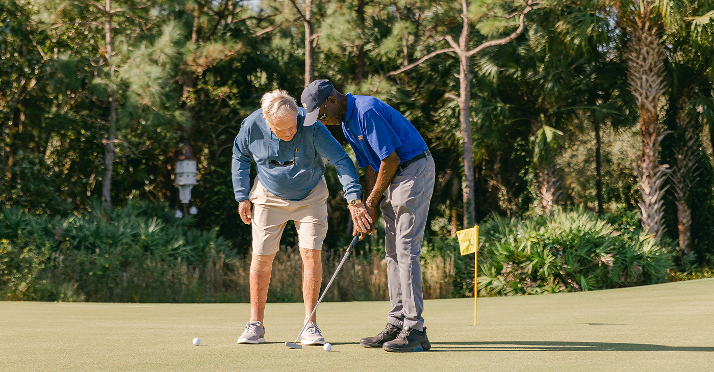 Photo: Jack Nicklaus coaches PGA HOPE Veteran, Homer Watts, during the Jack Nicklaus PGA HOPE Veterans Lessons at the Bear’s Club on November 7, 2022 in Jupiter, FL. (Photo by Sarah Kenney/PGA of America)