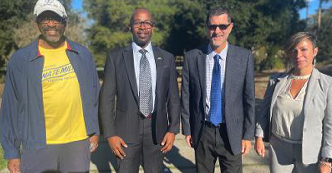 Supervisor Nate Miley, Councilmember Loren Taylor, Supervisor Dave Brown, and Hilary Bass at press conference announcing new inter-agency food hub in East Oakland.