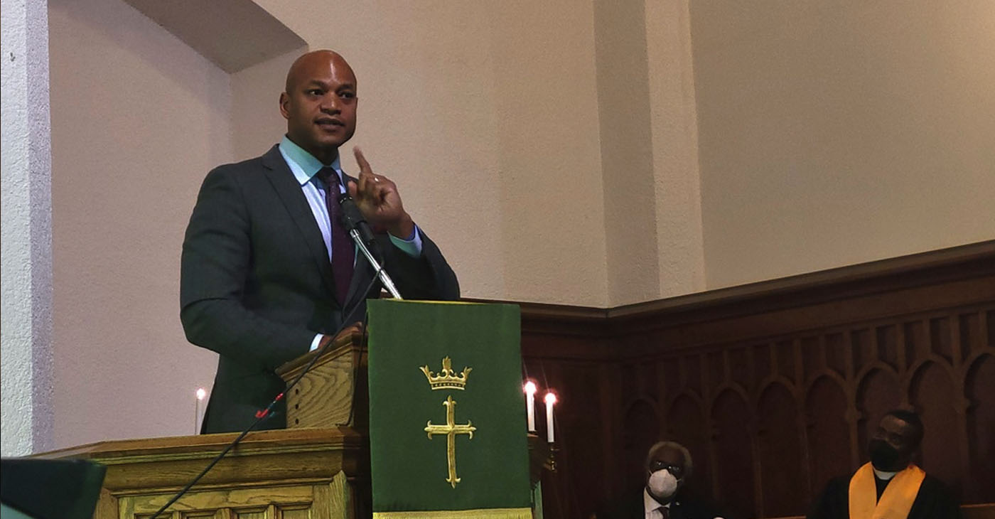 Wes Moore speaks at A.M.E. Zion Church in South Baltimore.