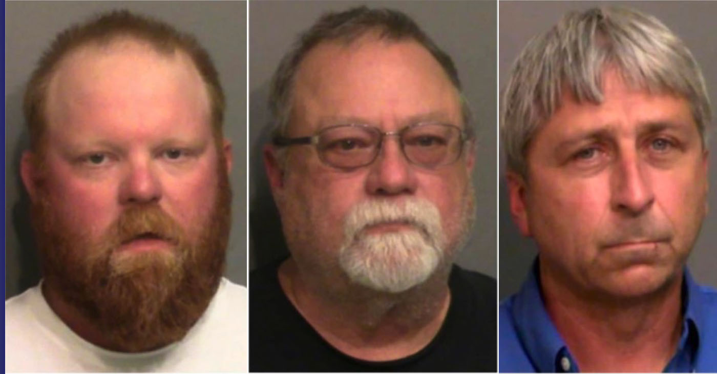 This combo of booking photos provided by Glenn County, GA Distribution Center, shows (from left): Travis McMichael, his father, Gregory McMichael and William "Broadie" Bryan Jr.