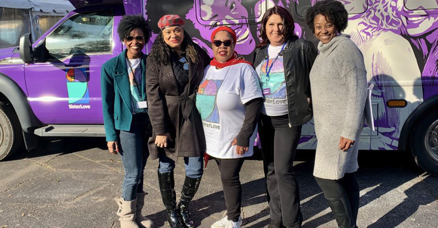 SisterLove – L to R: Tamika English; Sybil Miller; Dazon Dixon, founder and president; Trinity Stockman; and Gaea Daniel, Ph.D., RN, Emory University School of Nursing (Photo by Tigner for rolling out)