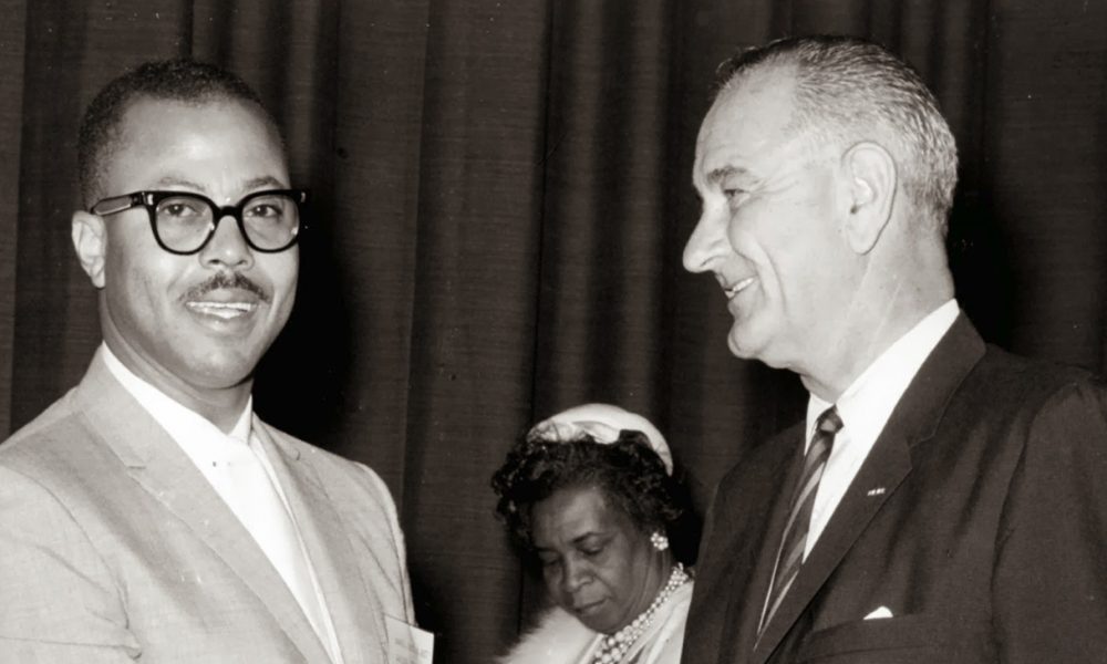 Rev. H. Rhett James greets Vice President Lyndon B. Johnson at unidentified event in 1962, photographer unknown.  Rev. H. Rhett James papers, gift of Gregory James.