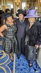 Guests (l-r) Mary Cole, Barbara Henry and Mary Dixon show off their outfits at the National Coalition of 100 Black Women (NCBW) SF Golden Girls Hats and Gloves Tea, “Bridging the Generations.” Photo by Carla Thomas.
