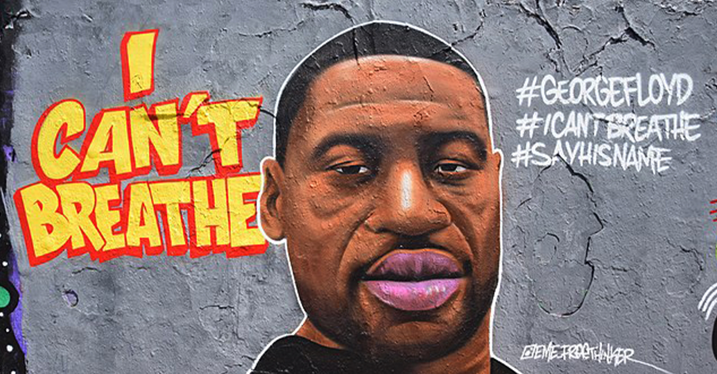 Mural showing the portrait of George Floyd in Mauerpark in Berlin. To the left of the portrait the lettering "I can't Breathe" was added, on the right side the three hashtags #GeorgeFloyd, #Icantbreathe and #Sayhisname. The mural was completed by Eme Street Art (facebook name) / Eme Free Thinker (signature) on 29 May 2020. / Wikimedia Commons