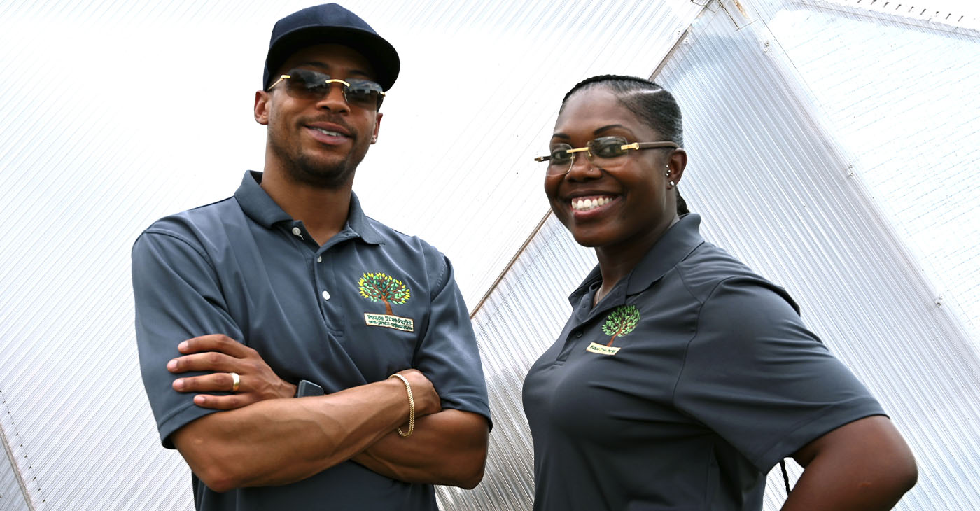 “To repurpose the land, our goal was to feed the community once we discovered Detroit was pretty much a food desert at the time,” said Eric Andrews, Co-founder of Peace Tree Parks (pictured left), with Brianna Andrews, Director of Marketing and Communications for Peace Tree Parks.