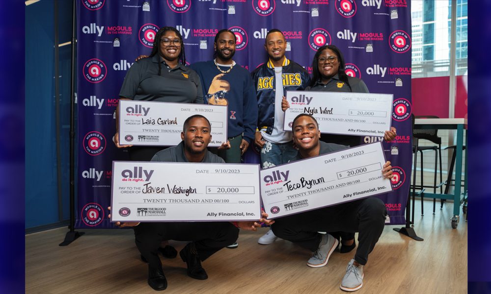  The team from N.C. A&T State University poses with Big Sean and Terrence J to celebrate winning the fifth annual Moguls in the Making Pitch Competition in Charlotte, N.C. on Sept. 10, 2023.