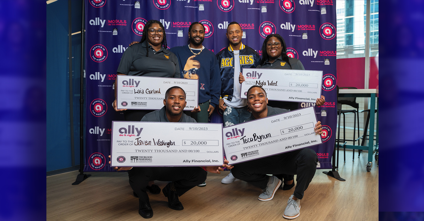  The team from N.C. A&T State University poses with Big Sean and Terrence J to celebrate winning the fifth annual Moguls in the Making Pitch Competition in Charlotte, N.C. on Sept. 10, 2023.