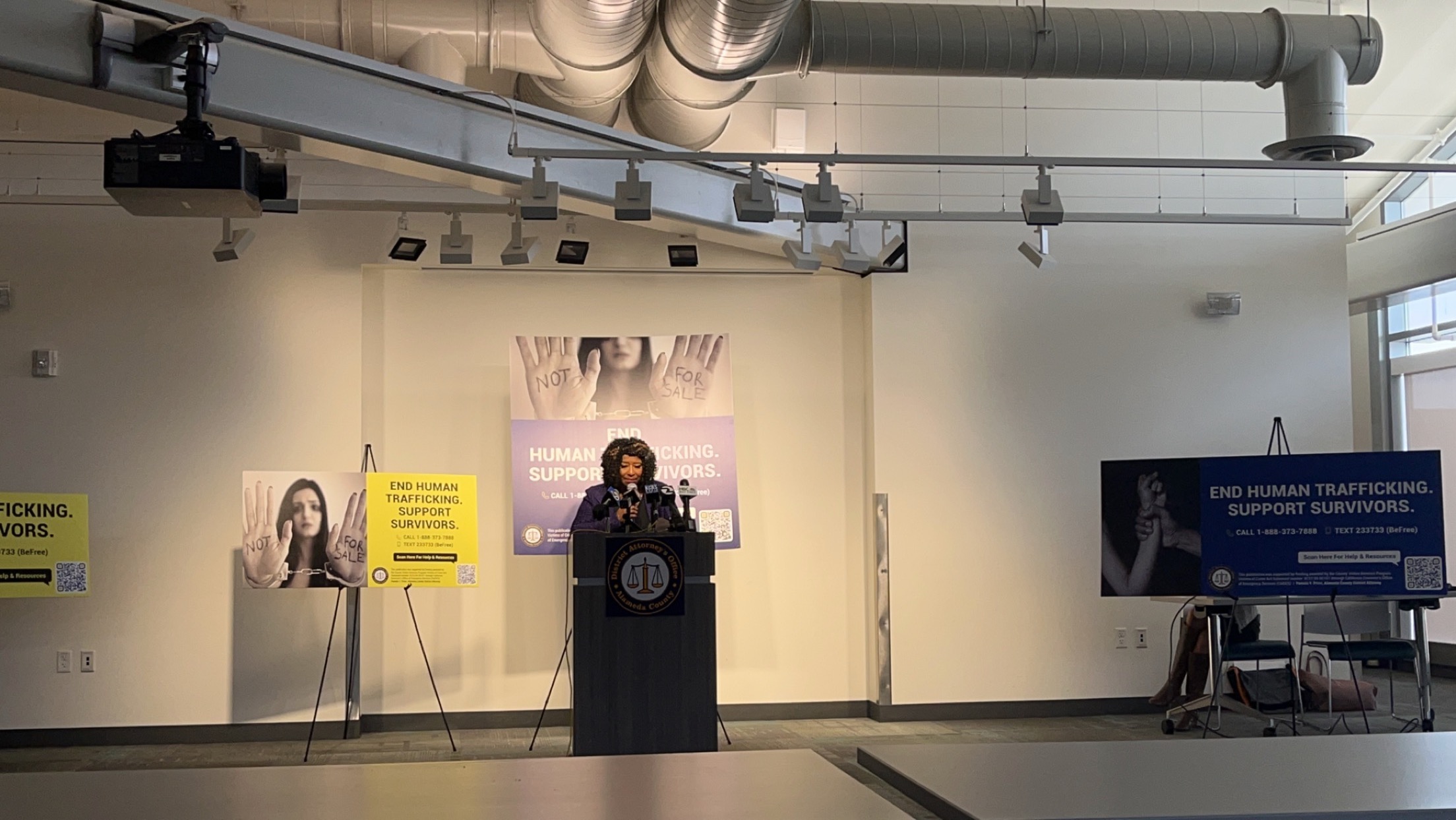 Alameda County District Attorney Pamela Price speaks at a press conference Tuesday where her office unveiled the anti-trafficking billboards. Photo by Magaly Muñoz.