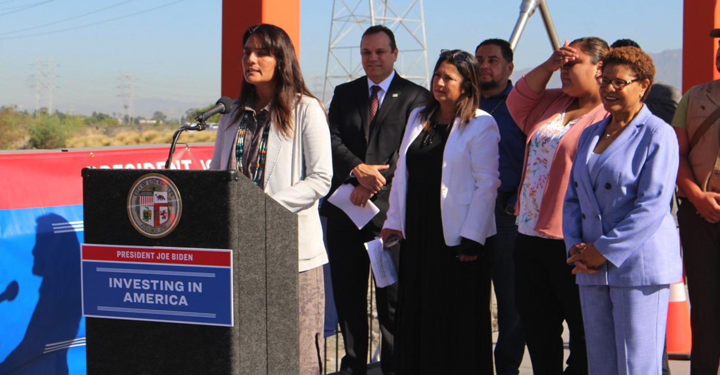 EPA Pacific Southwest Regional Administrator Martha Guzman visits Los Angeles to tout President Biden’s Investing in America agenda. Photo by Lila Brown/CBM.