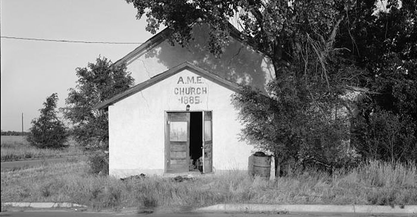 Historical image of the Nicodemus African Methodist Episcopal Church; a vernacular form similar to those seen in Randolph. Image courtesy of the Library of Congress, 1933. Photo number HABS KANS, 33-NICO, I-1.