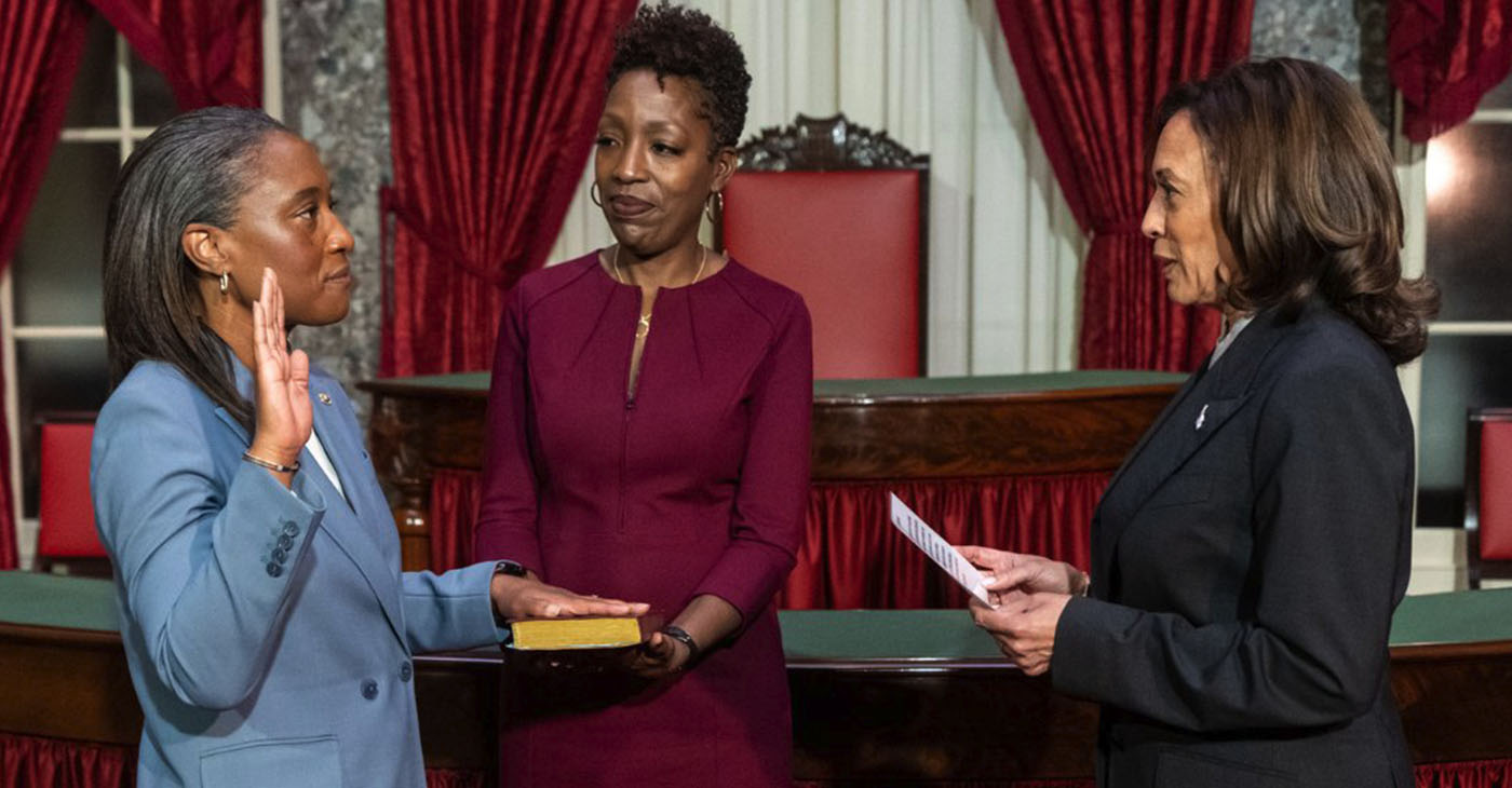 "Welcome to the newest member of the United States Senate!" Laphonza Butler being sworn in by Vice President Kamala Harris. (Photo: Office of the Vice President of the United States / Wikimedia Commons)