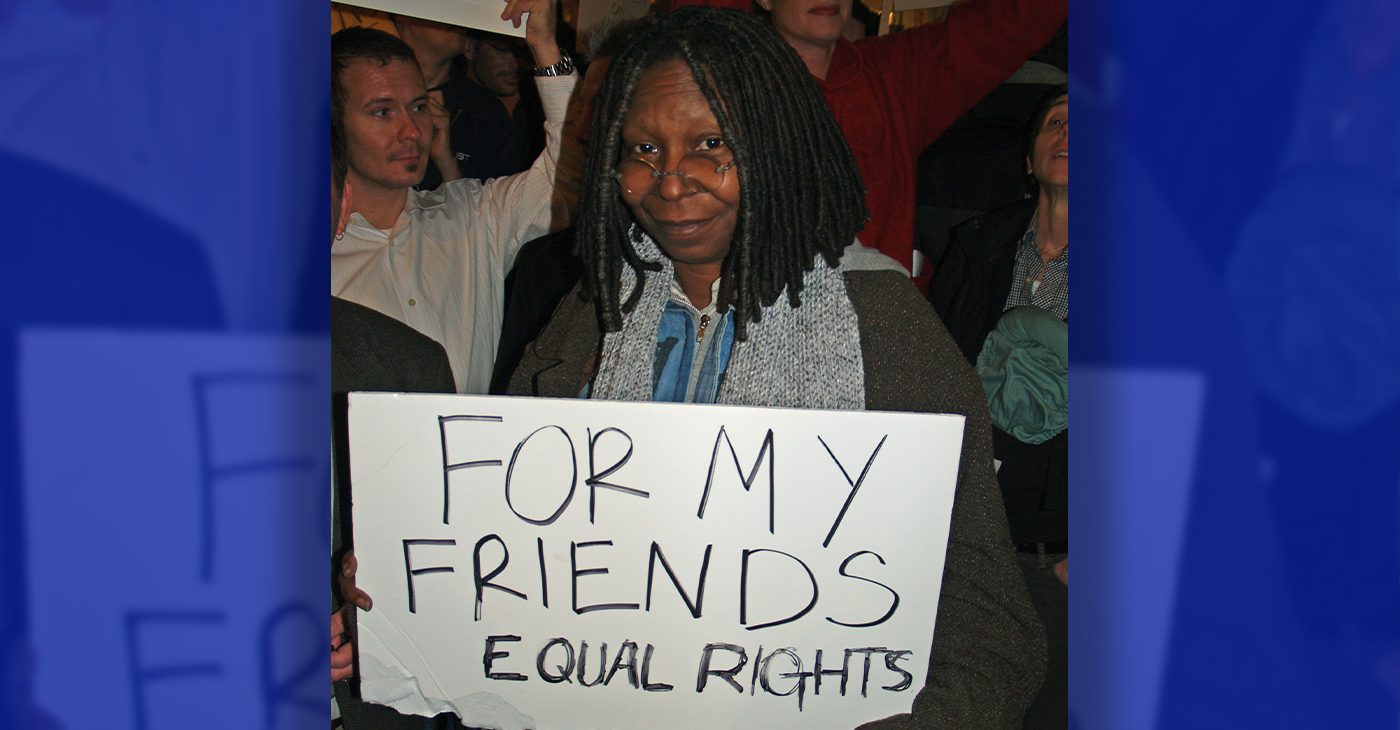 Whoopi Goldberg in New York City protesting the passage of California's Proposition 8 outside the Mormon Temple at Lincoln Center. Photographer's blog post about this photo and the protest, 13 November 2008 (Photo: David Shankbone / Wikimedia Commons)