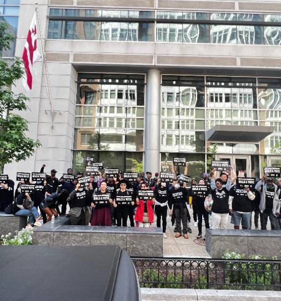 April, Federal Communications Commission Public Hearing. Black and Korean protestors in front of FCC Headquarters, downtown Washington, DC