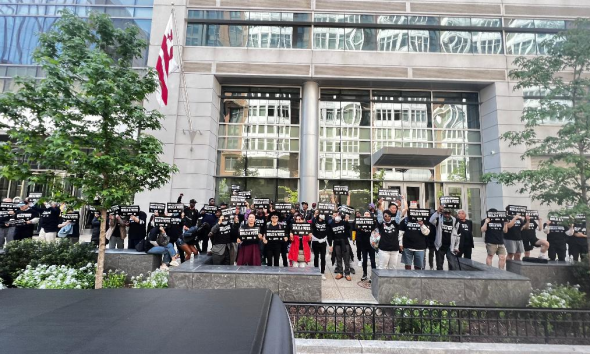 April, Federal Communications Commission Public Hearing. Black and Korean protestors in front of FCC Headquarters, downtown Washington, DC