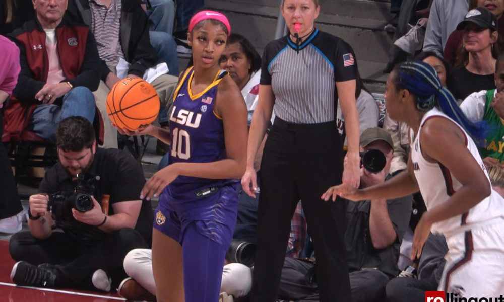 LSU forward Angel Reese posts up against South Carolina forward Aliyah Boston. (Photo credit: Rashad Milligan for rolling out)