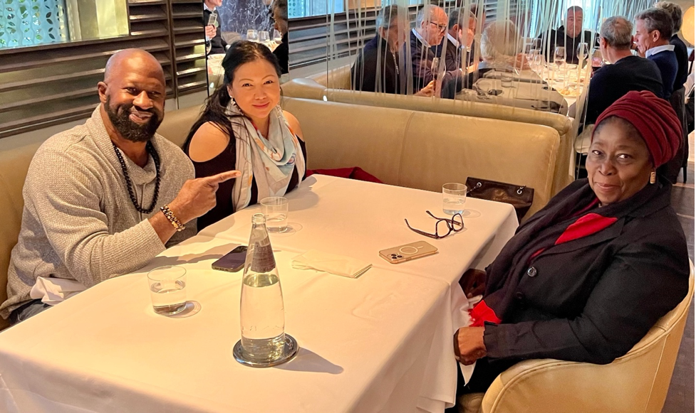 (L-R) Amb. Jonathan Fitness Jones, Dr. Maritony Jones, Nana Ofei Nkansah (Queen Mother of Akuapem Kingdom, Ghana East Africa) in London England (UK) discussing Oakland-Ghana Sister Cities International