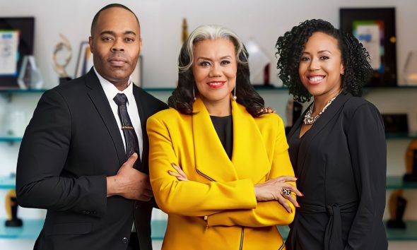 Flowers Communications Group Founder and CEO Michelle Flowers Welch (middle), Director of Marketing of Business Development Brinton Flowers (left) and Managing Director Jasmine Flowers Mazyck celebrate the firm's 22 accolades for work in integrated marketing and communications in 2023.