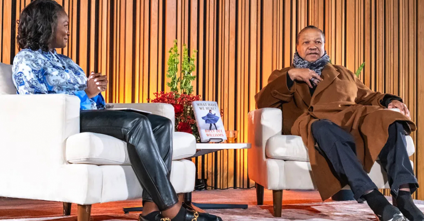 NBC Washington Anchor Jummy Olabanji (left) interviews Billy Dee Williams for the release of his autobiography "What Have We Here?: Portraits of a Life" at the MLK Jr. Library in D.C. on Feb. 15. (Ja’Mon Jackson/The Washington Informer)