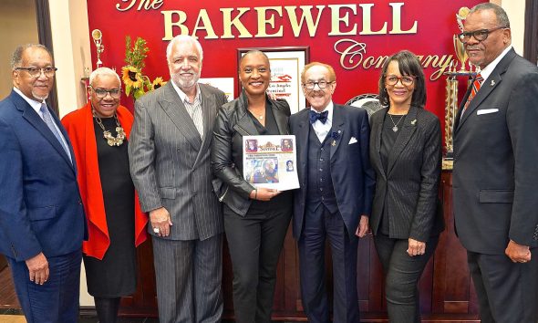 Senator Laphonza Butler, center, met with publishers of the Black press at the L.A. Sentinel office. Attendee included, from left, Dr. Benjamin Chavis, Terri Sanders, Terri Sanders, Danny J. Bakewell, Sr., Bob Bogle, Jackie Hampton, and Bobby R. Henry, Sr. (E. Mesiyah McGinnis/L.A. Sentinel)