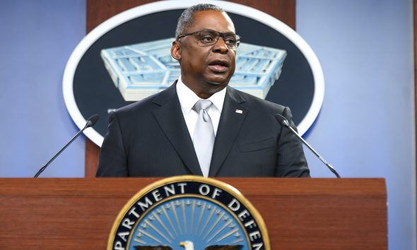 Secretary of Defense Lloyd J. Austin III briefs the press from the Pentagon Briefing Room, Arlington, VA, Feb. 19, 2021. (DoD Photo by U.S. Air Force Staff Sgt. Jack Sanders).