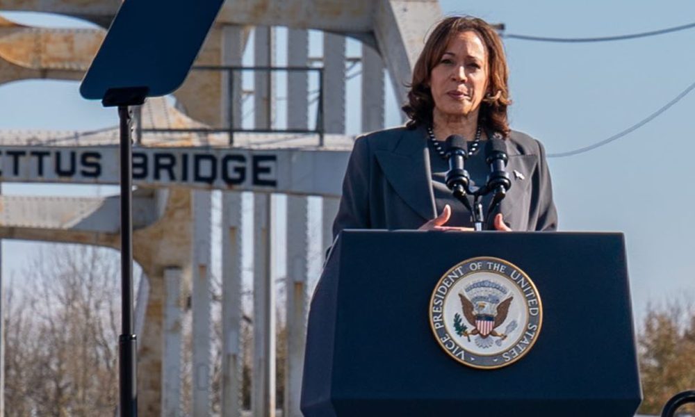 “Fifty-nine years ago, 600 brave souls marched from Selma. They crossed the Edmund Pettus Bridge toward the promise of a future that was more equal, more just, and more free, said Vice President Kalama Harris, speaking to those gathered in remembrance of the sacrifices made on Bloody Sunday. “Today, the fight for freedom is not over. Together, we will continue to organize and make good trouble.” (Photo: @vp / Instagram)