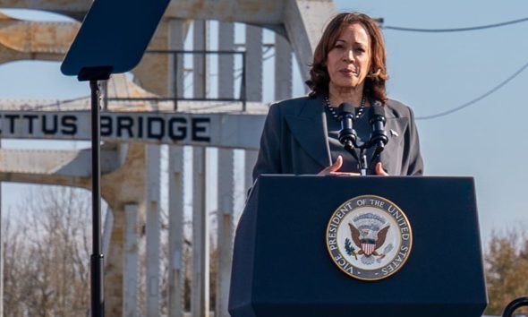 “Fifty-nine years ago, 600 brave souls marched from Selma. They crossed the Edmund Pettus Bridge toward the promise of a future that was more equal, more just, and more free, said Vice President Kalama Harris, speaking to those gathered in remembrance of the sacrifices made on Bloody Sunday. “Today, the fight for freedom is not over. Together, we will continue to organize and make good trouble.” (Photo: @vp / Instagram)