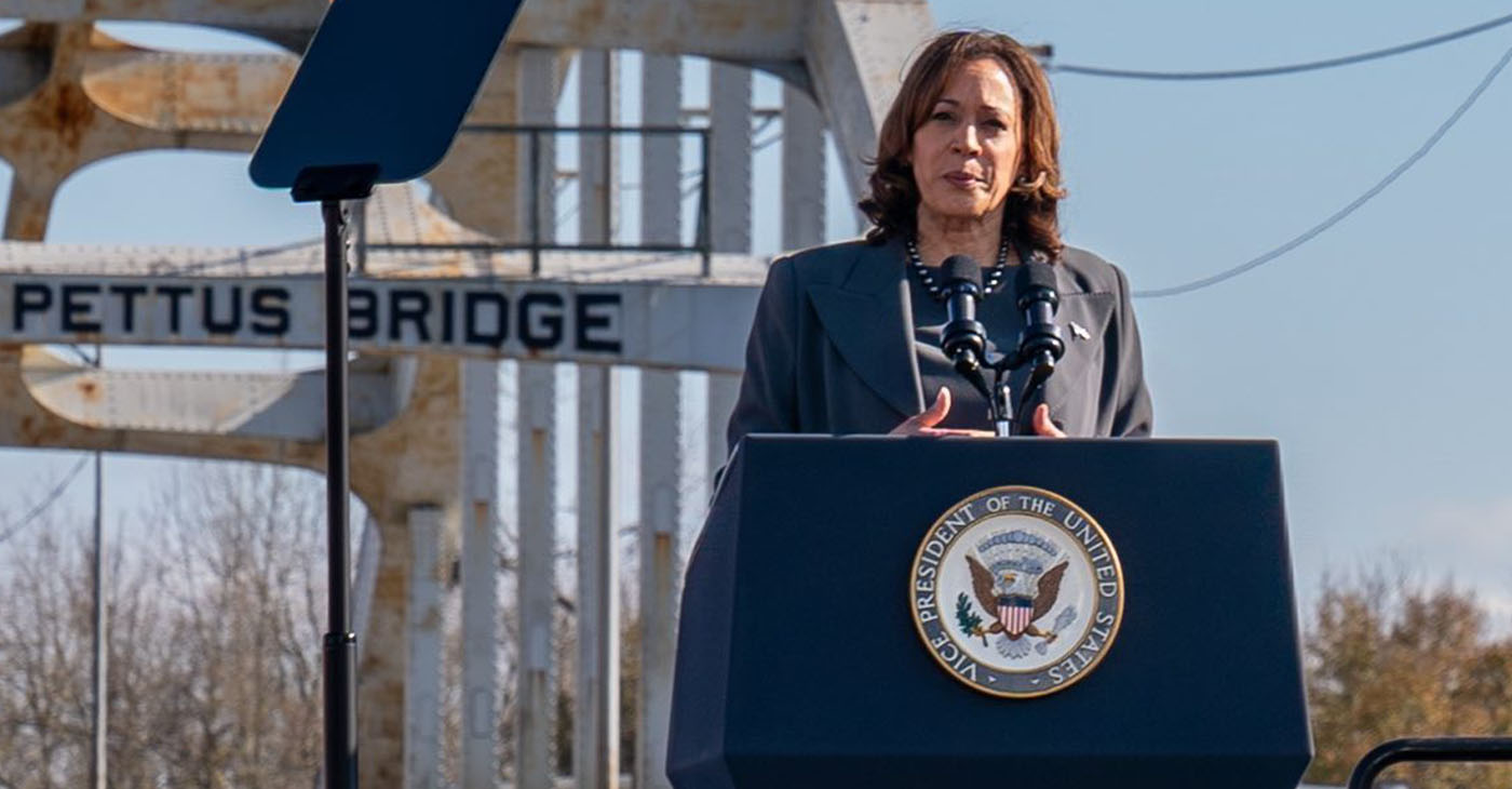 “Fifty-nine years ago, 600 brave souls marched from Selma. They crossed the Edmund Pettus Bridge toward the promise of a future that was more equal, more just, and more free, said Vice President Kalama Harris, speaking to those gathered in remembrance of the sacrifices made on Bloody Sunday. “Today, the fight for freedom is not over. Together, we will continue to organize and make good trouble.” (Photo: @vp / Instagram)