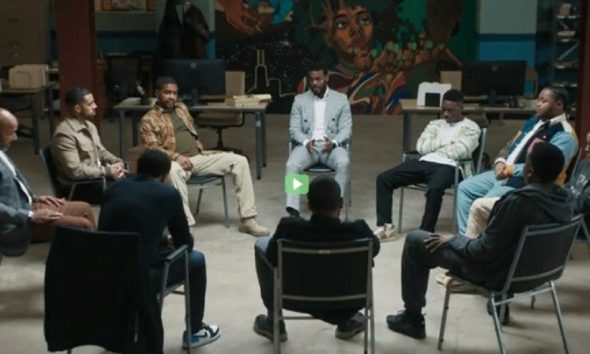 A men’s group therapy session from a screenshot in an episode of “The Chi.”