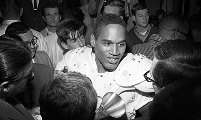 O.J. Simpson talking to reporters in 1967