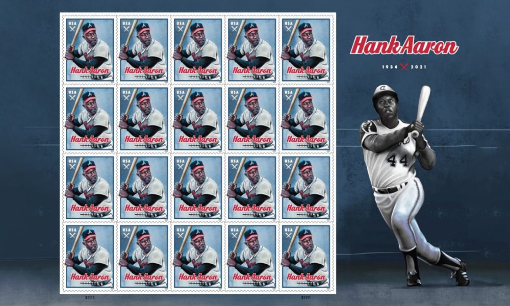 The U.S. Postal Service today announced it will honor baseball legend Henry “Hank” Aaron with a commemorative Forever stamp. This stamp celebrates the life and career of Aaron (1934–2021), a giant both on and off the field, who rose from humble beginnings to rewrite the record books while prevailing in the face of racism. (Photo U.S. Postal Service.)
