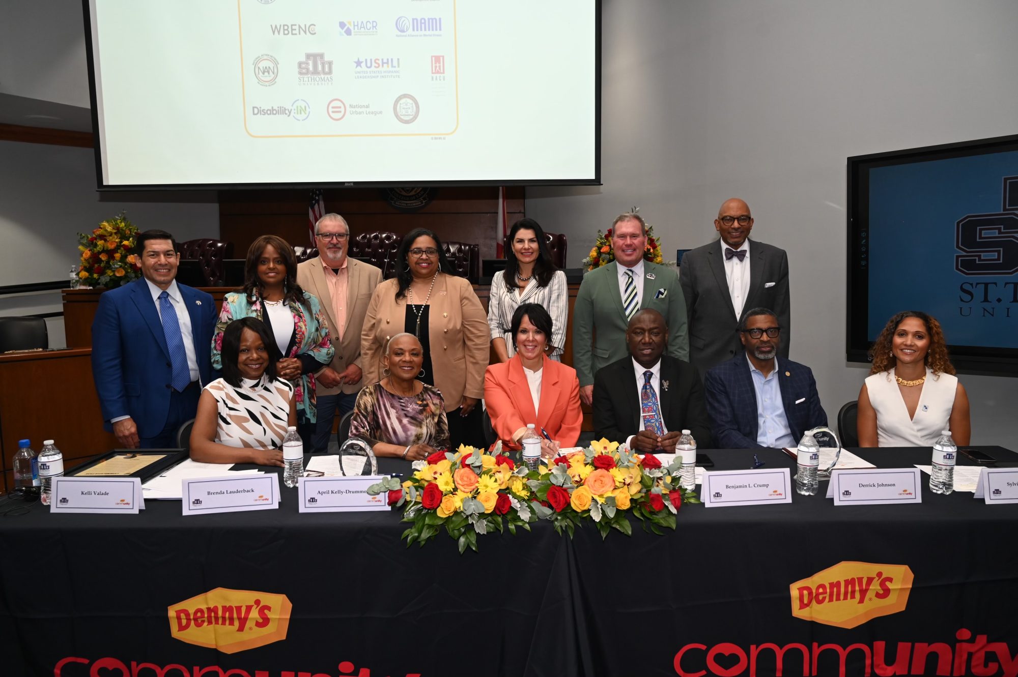 Denny’s recently announced the launch of it’s Community Alliance with a gift to the St. Thomas University Benjamin L. Crump College of Law. Representatives from Denny’s, NAACP, HACR, and the St. Thomas University Benjamin L. Crump College of Law were on hand for event. Seated (l-r): Gail Sharps Myers, Denny’s Executive Vice President, Chief Legal and Administrative Officer; Brenda J. Lauderback, Chair, Board of Directors, Denny’s Inc.; Kelli Valade, Denny’s CEO and President; Benjamin L. Crump; Derrick Johnson, President and CEO, NAACP; Sylvia Pérez Cash, Executive Vice President, Chief Operations Officer, HACR.
Second Row (l-r): Nader Talebzadeh, Denny’s Director of International Operations; Fasika Melaku-Peterson, Denny’s Senior Vice President, Chief Learning and Development Officer; Michael Whitacre, Denny’s Director of Franchise Operations; April Kelly-Drummond, Denny’s Vice President, Chief Inclusion and Community Engagement Officer; Dean Tarika Nunez-Navarro, St. Thomas University, Benjamin L. Crump College of Law; President David A. Armstrong, St. Thomas University; Randy Brown, Denny’s Senior Manager, Business Diversity.