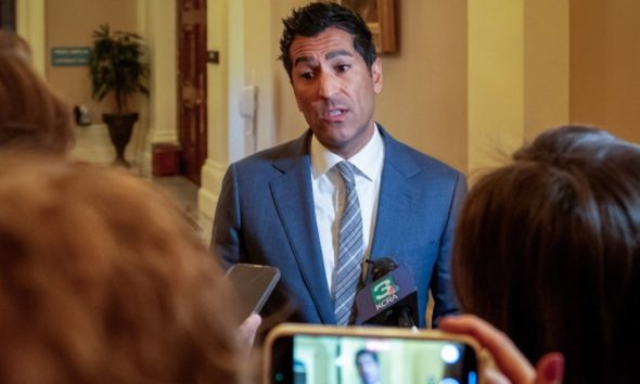 Assembly Speaker Robert Rivas talks to reporters after the Assembly approved a measure to reduce the state budget deficit at the Capitol in Sacramento, on April 11, 2024. Photo by Rich Pedroncelli, AP Photo