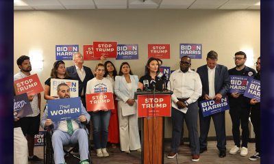 State Senator Shevrin Jones and Florida Democratic Party Chair Nikki Fried speaking at a press conference in Miami Florida