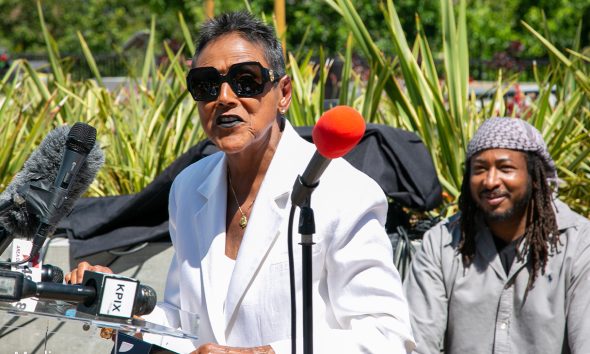 Former Black Panther Party leader Elaine Brown at the grand opening of the Black Panther affordable housing complex in West Oakland.