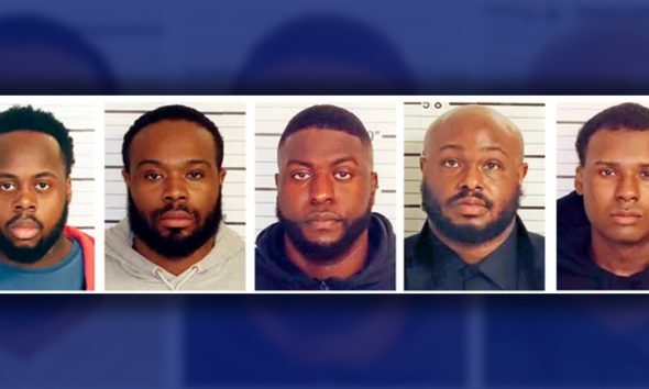 Booking images provided by the Shelby County Sheriff’s Office. From left, Tadarrius Bean, Demetrius Haley, Emmitt Martin III, Desmond Mills, Jr. and Justin Smith. Nichols, Bean, Haley, and Smith were convicted of witness tampering in the case that fueled nationwide protests and renewed calls for police reform.