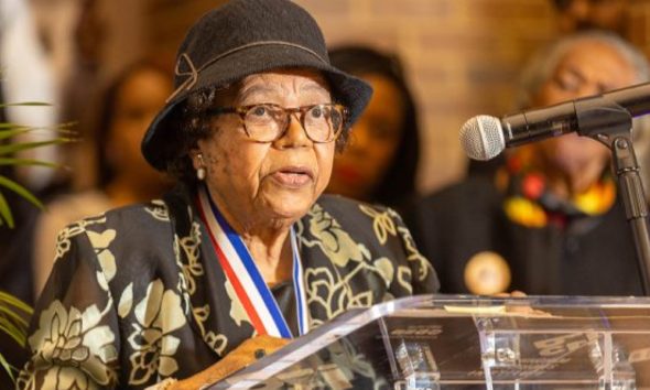 Odessa Woolfolk, renowned educator, civic leader and lifelong advocate for Civil and Human Rights, accepts the 2024 Fred L. Shuttlesworth Human Rights Award at the Birmingham Civil Rights Institute. (Provided)