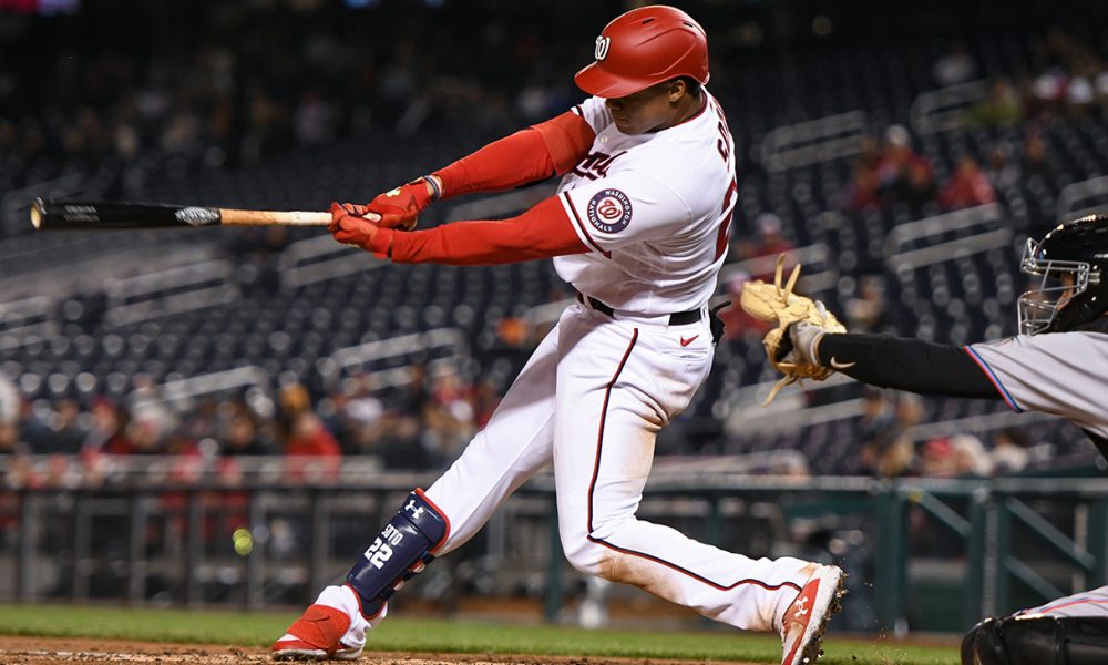 Former Washington Nationals right fielder Juan Soto (22) taking a swing during the 4th inning in a game against the Miami Marlins at Nationals Park in Washington D.C., April 26, 2022.